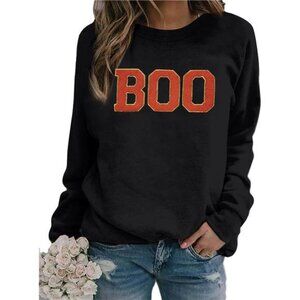 Women's crew neck pullover adorned with "Boo" embroidery,